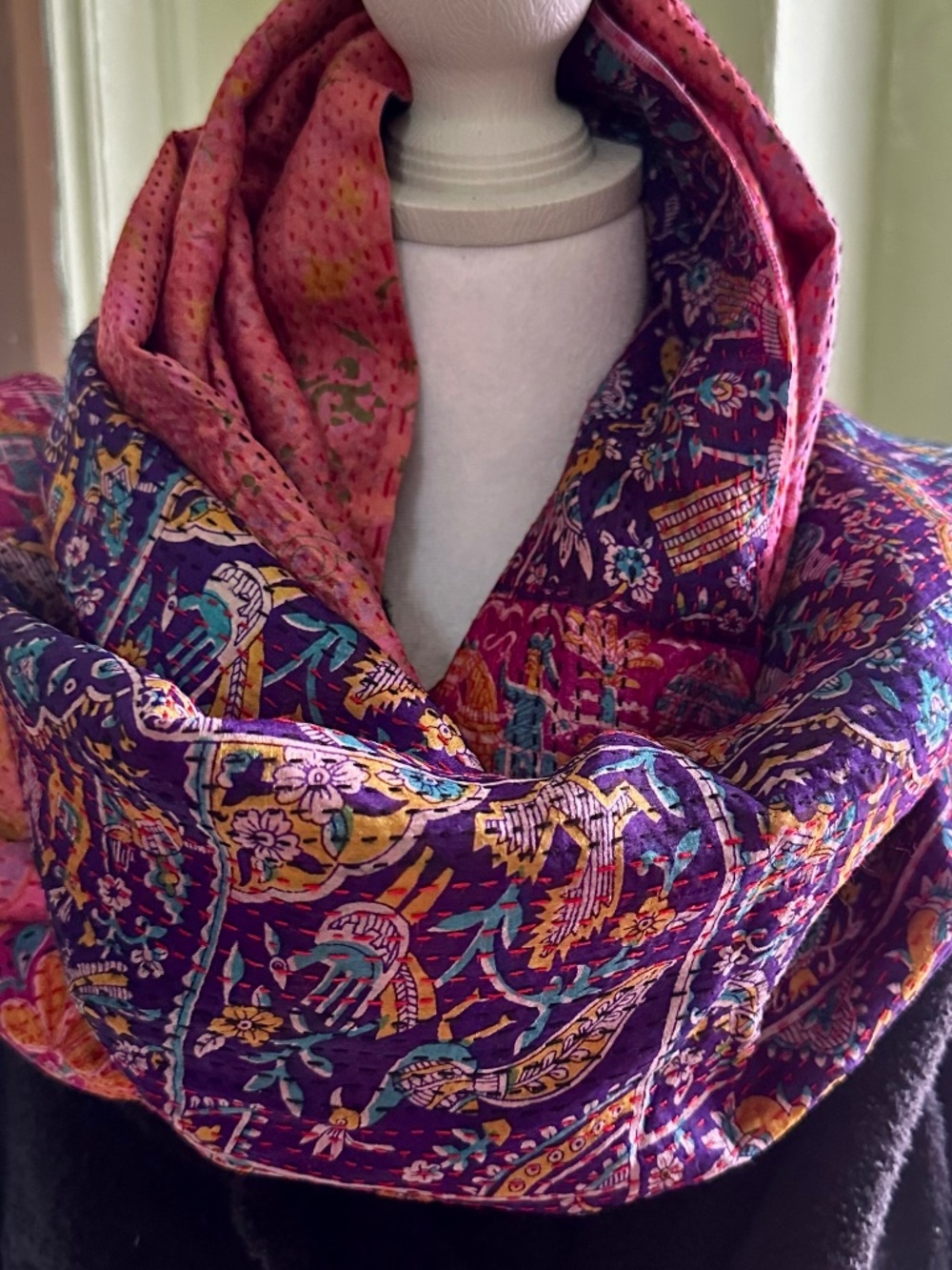 Huge vintage multicolor fringed shawl/scarf from India
